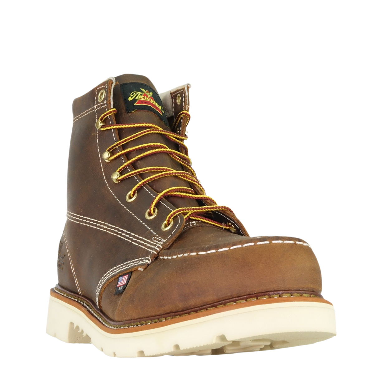Brown leather moc toe work boot with safety toe and wedge sole designed for durability and comfort