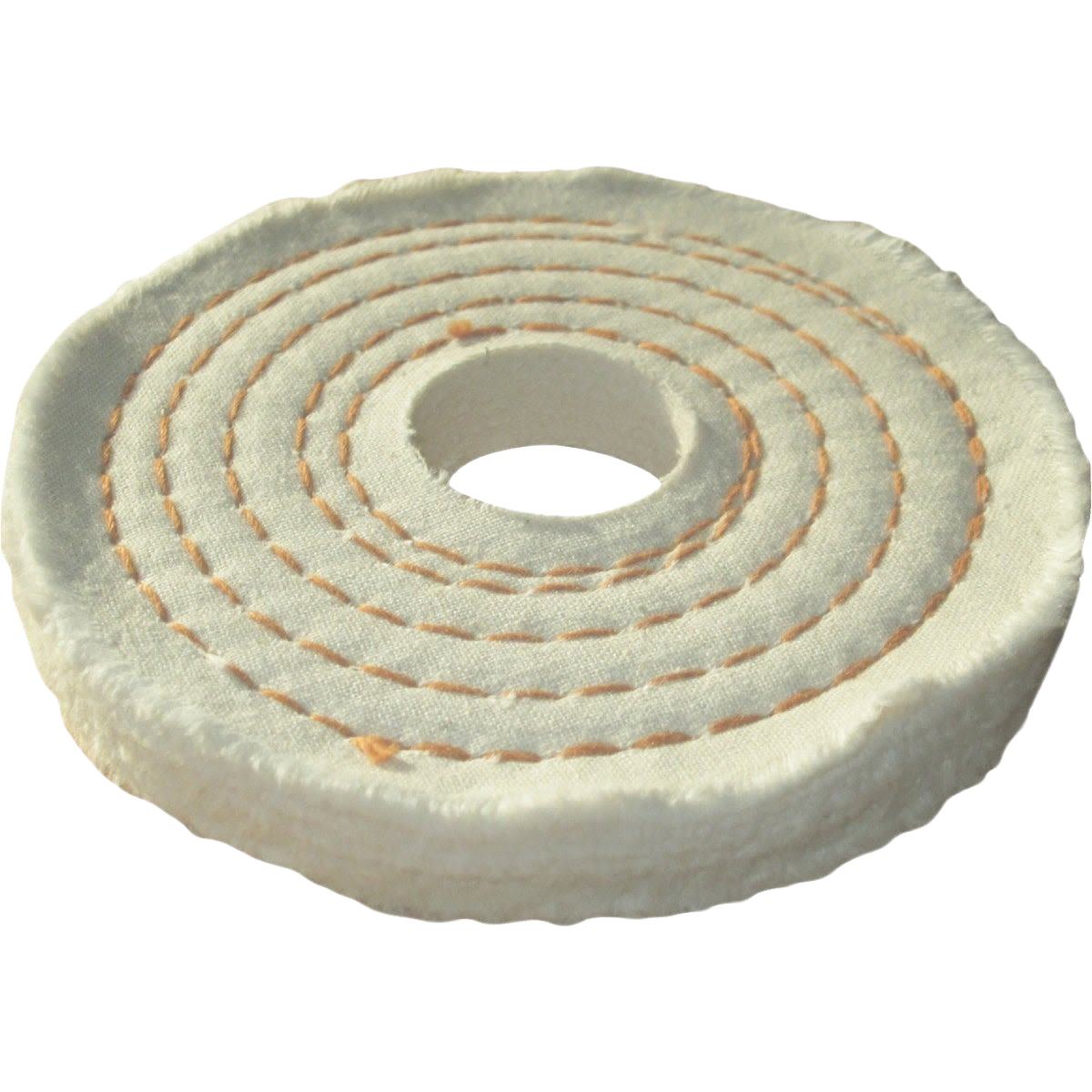 White spiral stitched buffing wheel with 1/4 inch shank, ideal for woodworking tools and home improvement tasks