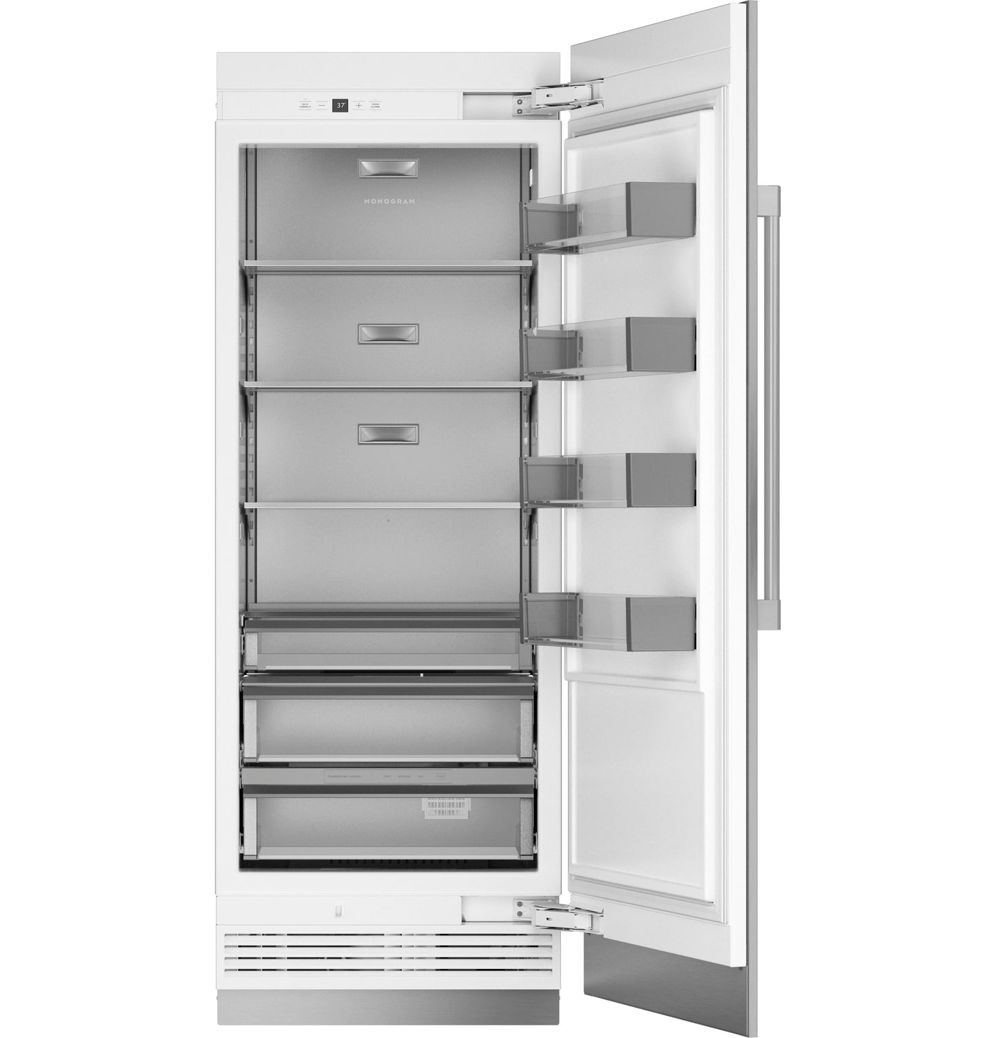 Open panel-ready integrated column refrigerator with stainless steel interior and multiple shelves for kitchen appliances collection