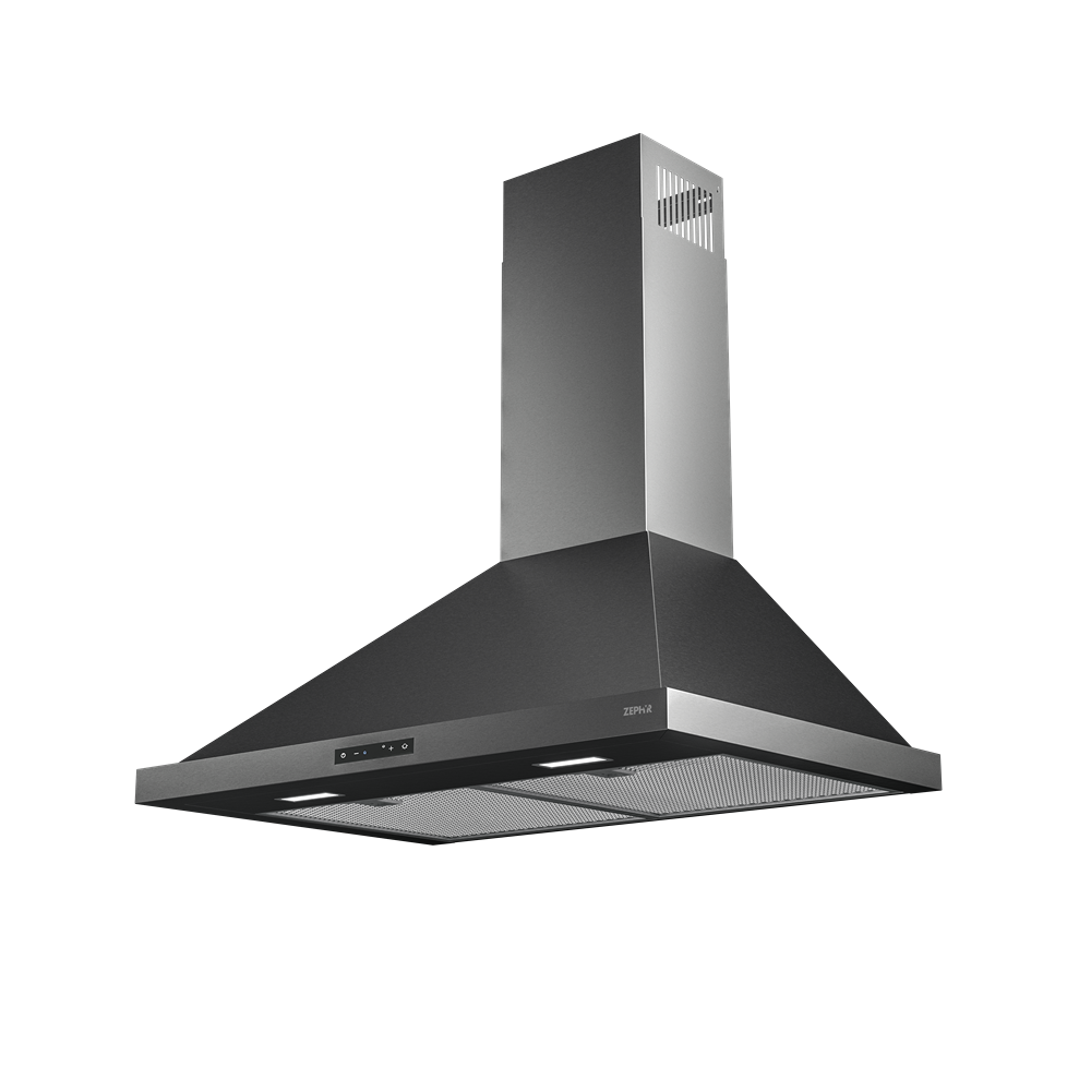 Modern black and stainless steel chimney hood with LED controls in Over the Range Hoods and kitchen appliances collections