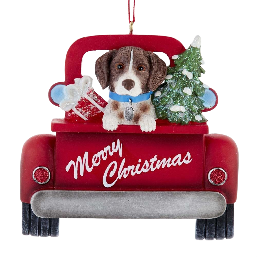 Red truck ornament with German Shorthaired Pointer dog, Christmas tree, and gift for holiday decoration collections