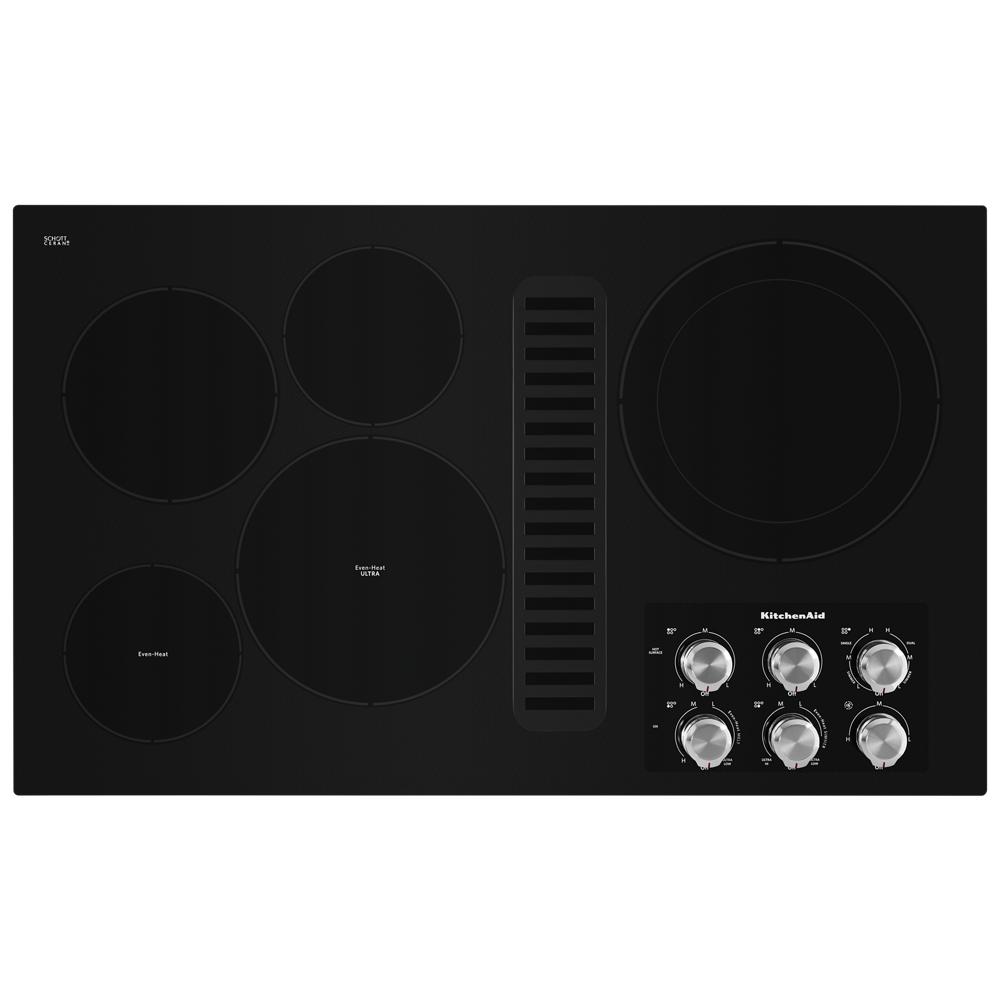 36-inch black electric downdraft cooktop with five heating elements and stainless steel control knobs in kitchen appliance collection