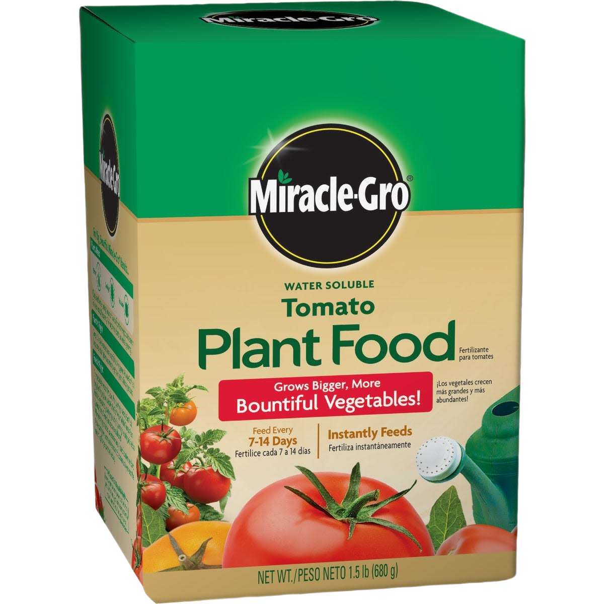 Miracle-Gro water soluble tomato plant food box with images of tomatoes and plant care instructions for gardening use