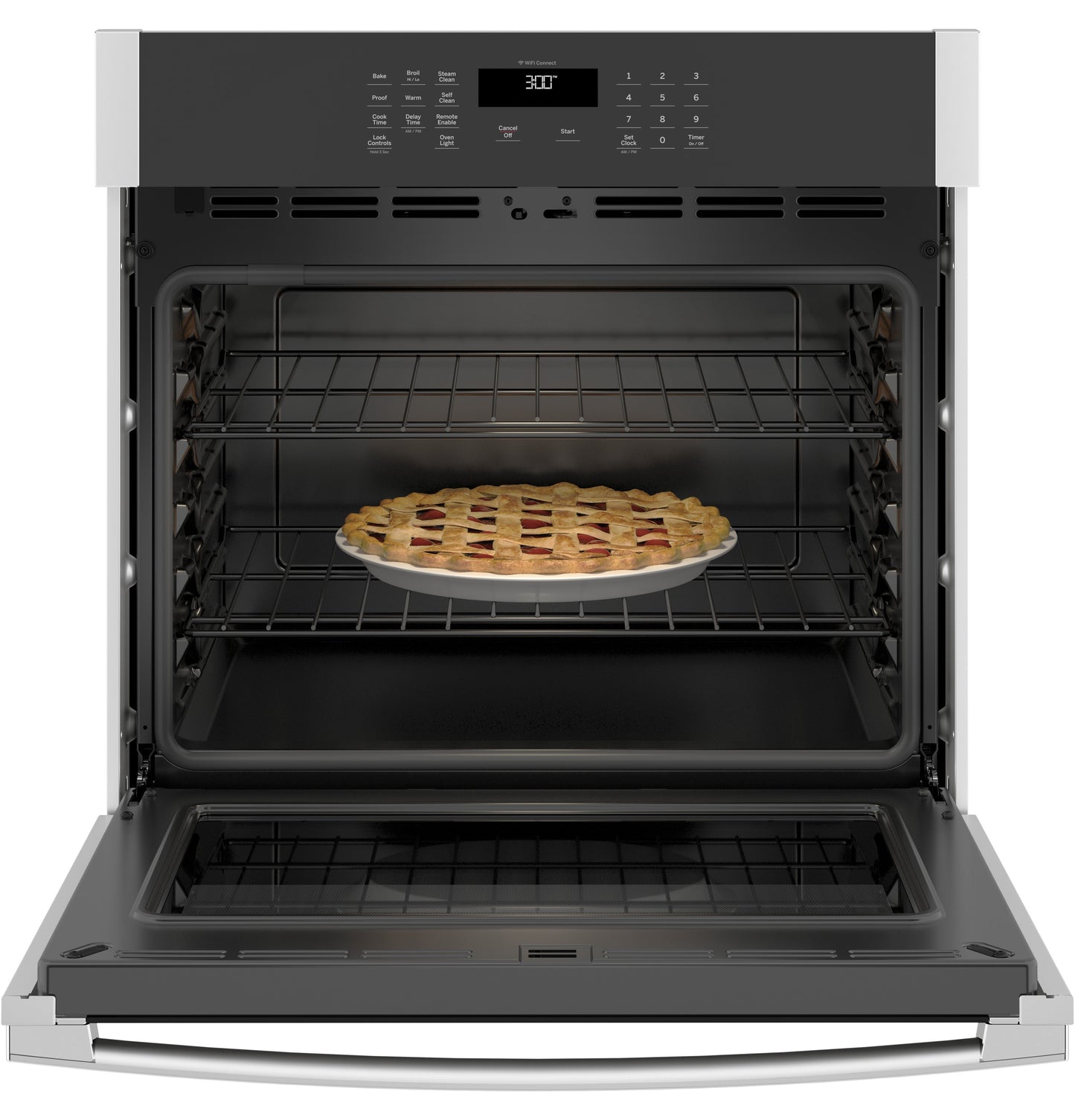 Open built-in wall oven with digital controls baking a lattice-topped pie inside the single wall ovens collection