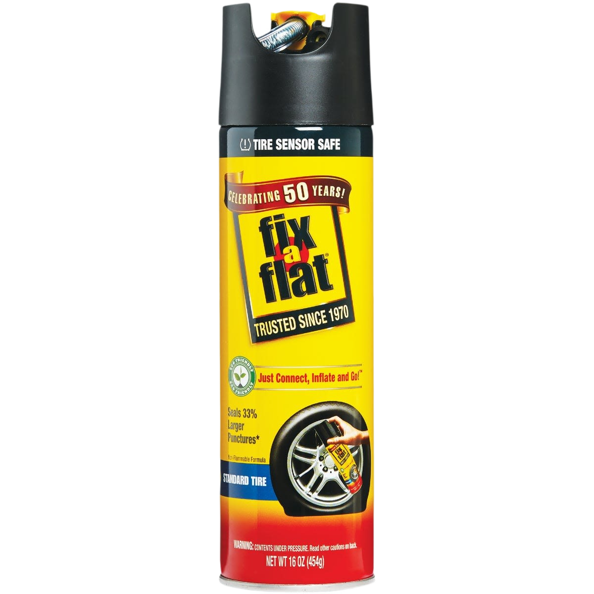 Yellow and black tire puncture sealer and inflator can for quick tire repairs in parts and lubricants collection under $50