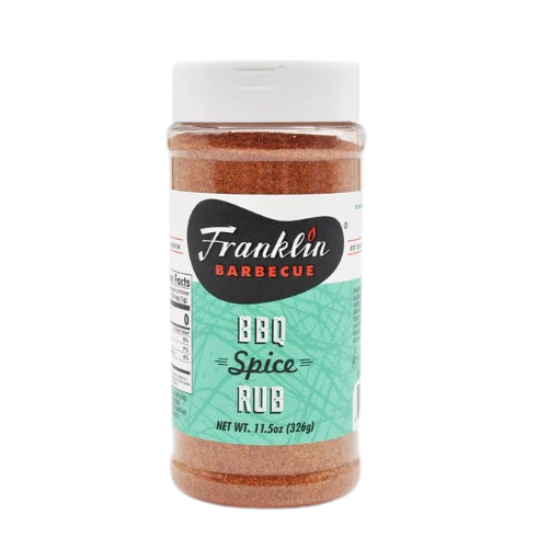 Plastic container of Franklin BBQ spice rub with turquoise label, part of grilling sauces and spices under $50 collections