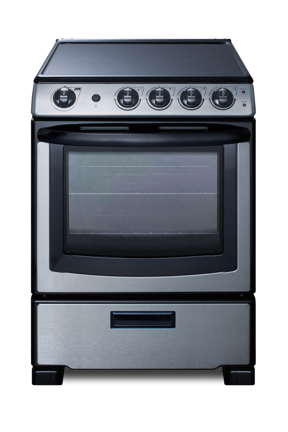 Stainless steel smooth-top electric range with five control knobs and large oven window in kitchen appliances collection