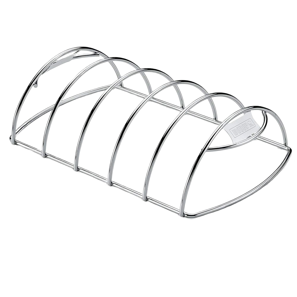 Heavy-duty plated steel rib rack designed for grilling multiple racks upright, part of grill accessories under $50.