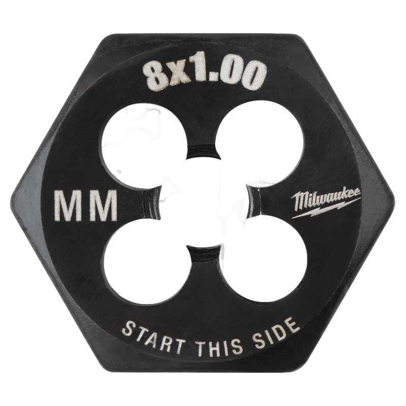Hexagonal metal threading die with 8x1.00 mm markings for precision external thread cutting in tool accessories collection