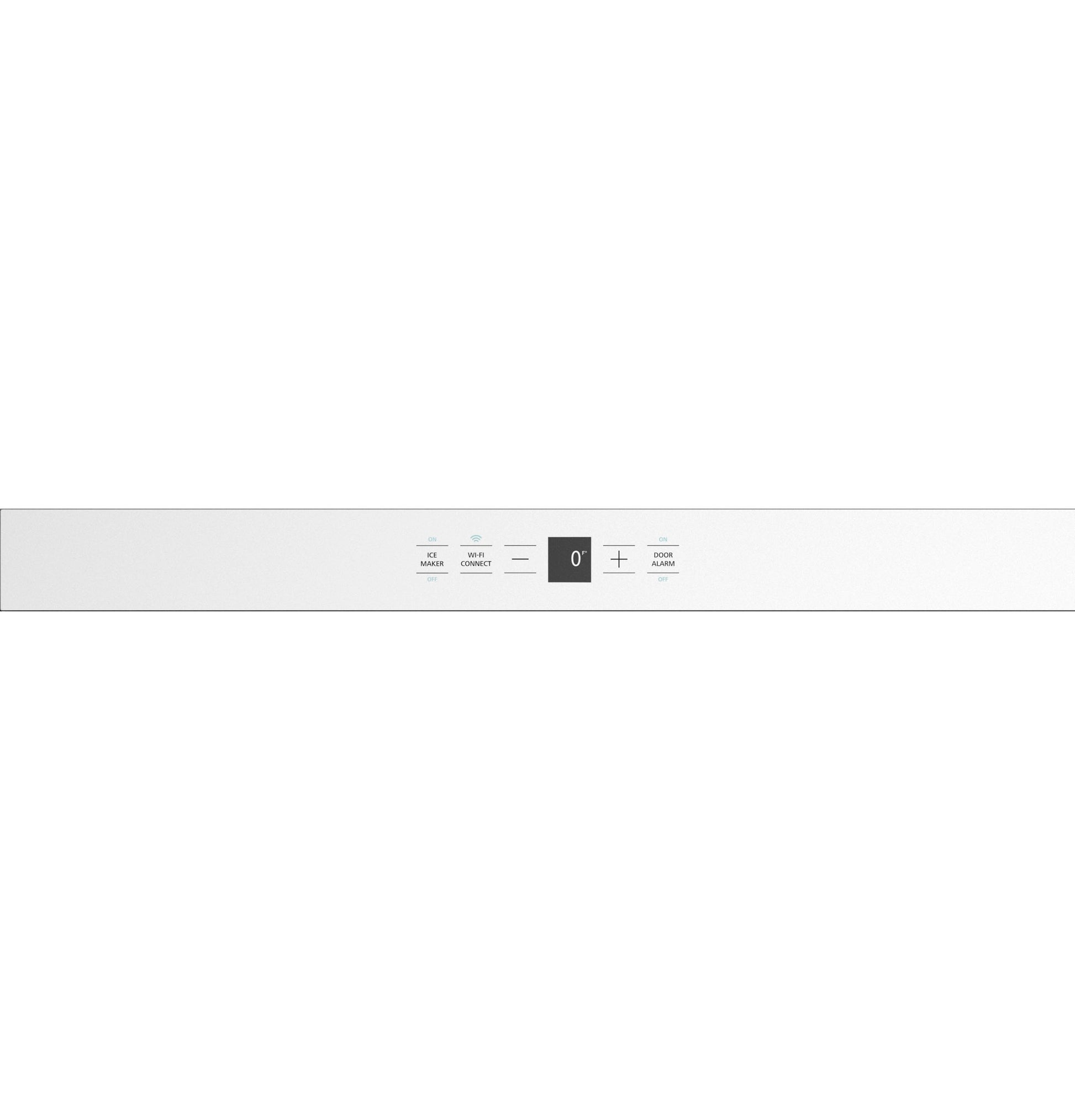 Close-up of white integrated freezer control panel displaying digital temperature and function buttons in kitchen appliances