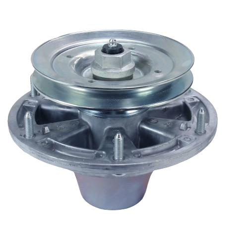 Metal mower deck blade spindle assembly with integrated pulley and mounting bolts for outdoor equipment maintenance