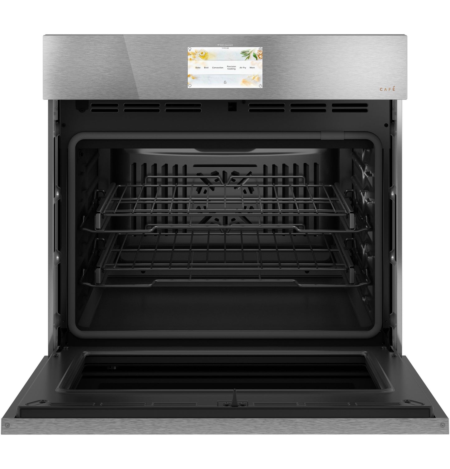 Open built-in convection wall oven with digital touchscreen and two racks from kitchen appliances collection