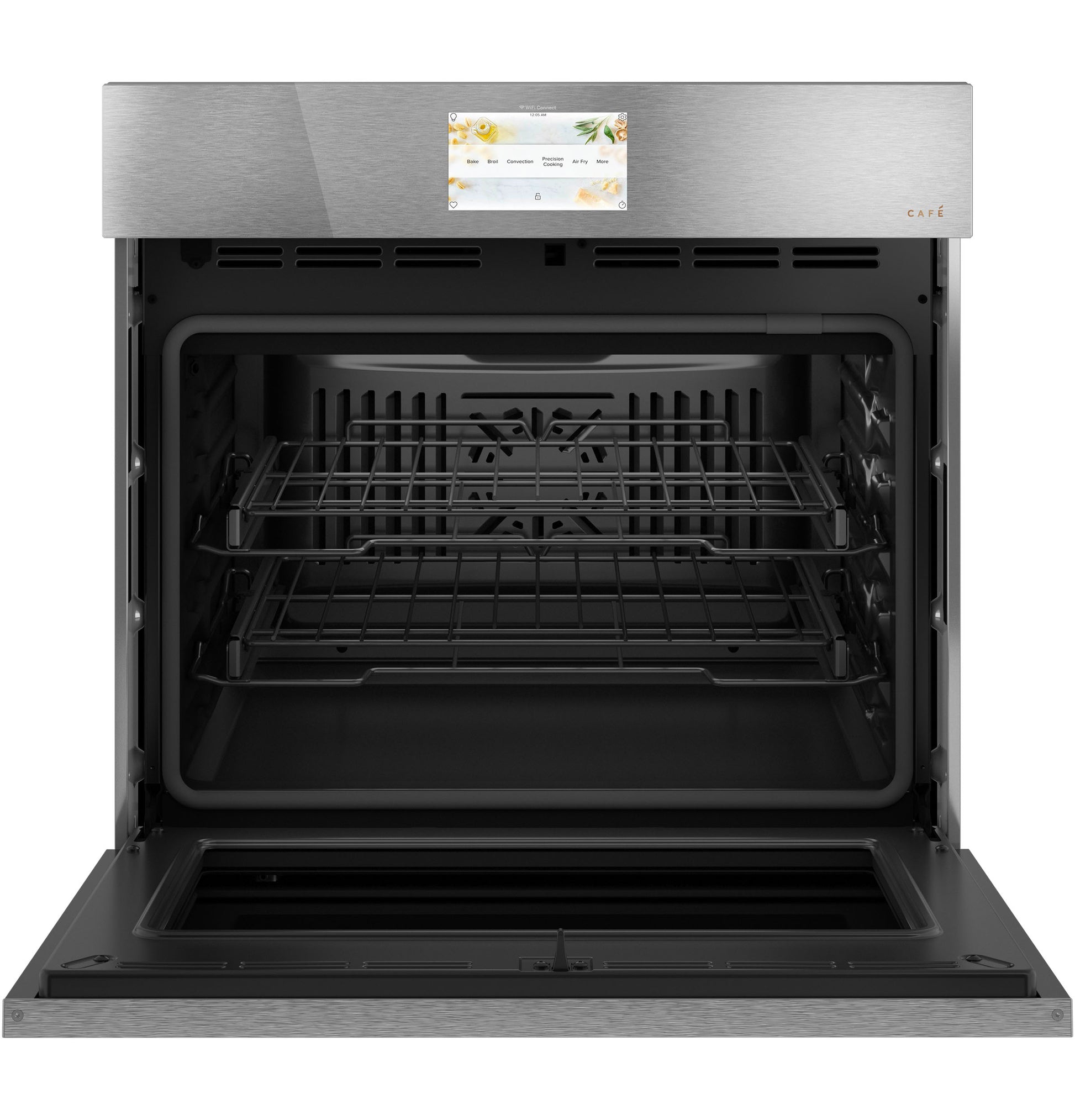 Open built-in convection wall oven with digital touchscreen and two racks from kitchen appliances collection