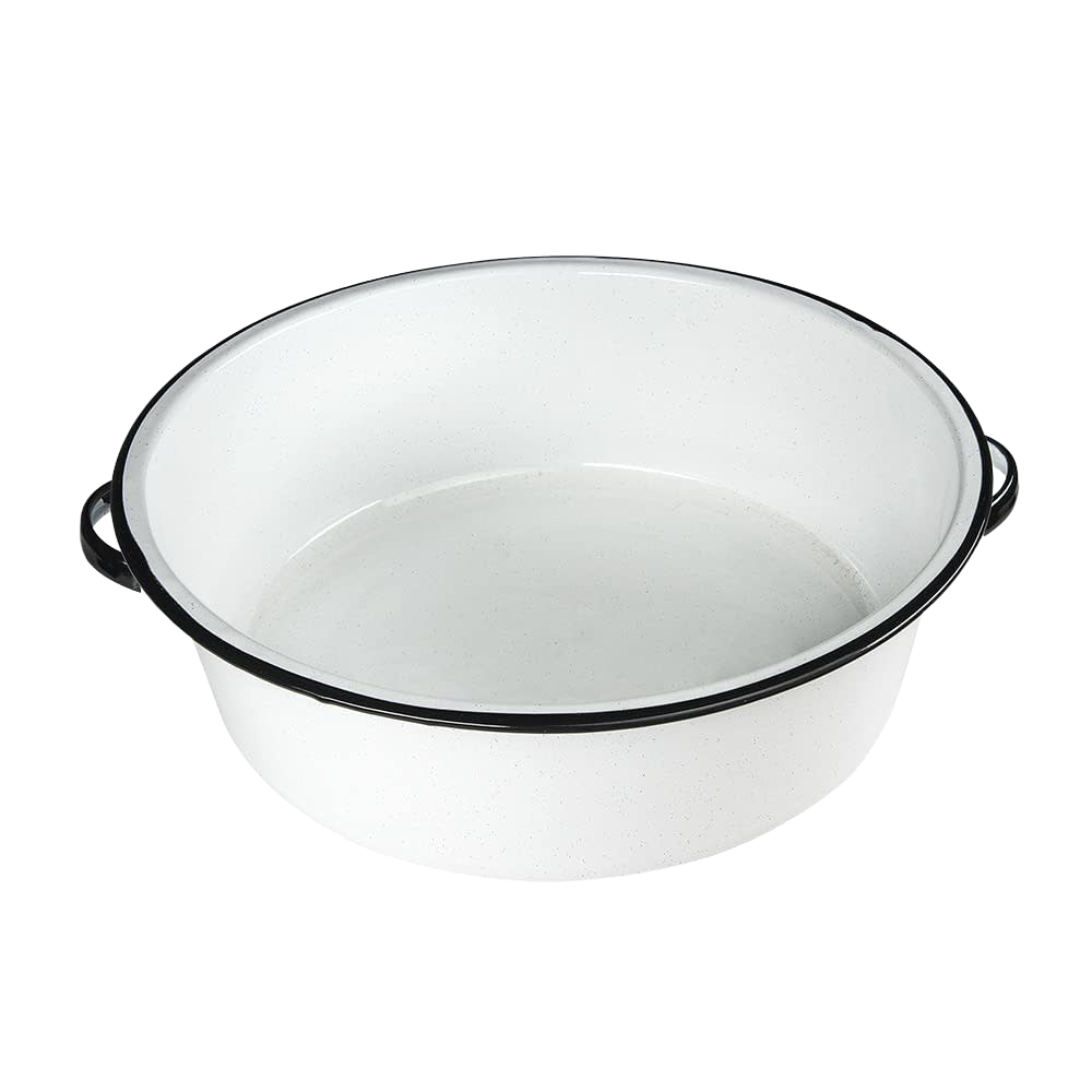 White enamelware dish basin with black rim and side handles, part of Kitchenware and Under $50 collections