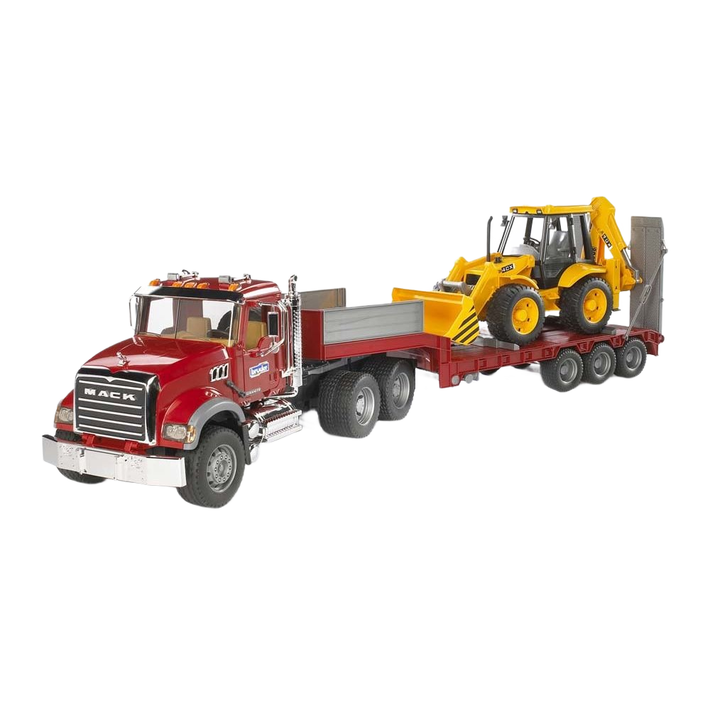 Red Mack truck toy with lowboy trailer carrying yellow backhoe loader for construction play
