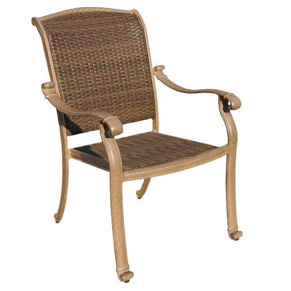 Outdoor dining chair with woven seat and backrest framed by tan sturdy armrests and legs