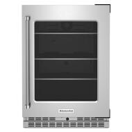 24-inch undercounter refrigerator with glass door, interior shelves, and metallic accents in KitchenAid Appliances collection