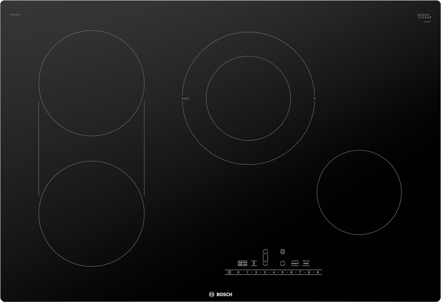 Black-glass electric cooktop with dual elements, bridge for oversized pans, and digital touch controls in cooktops collection