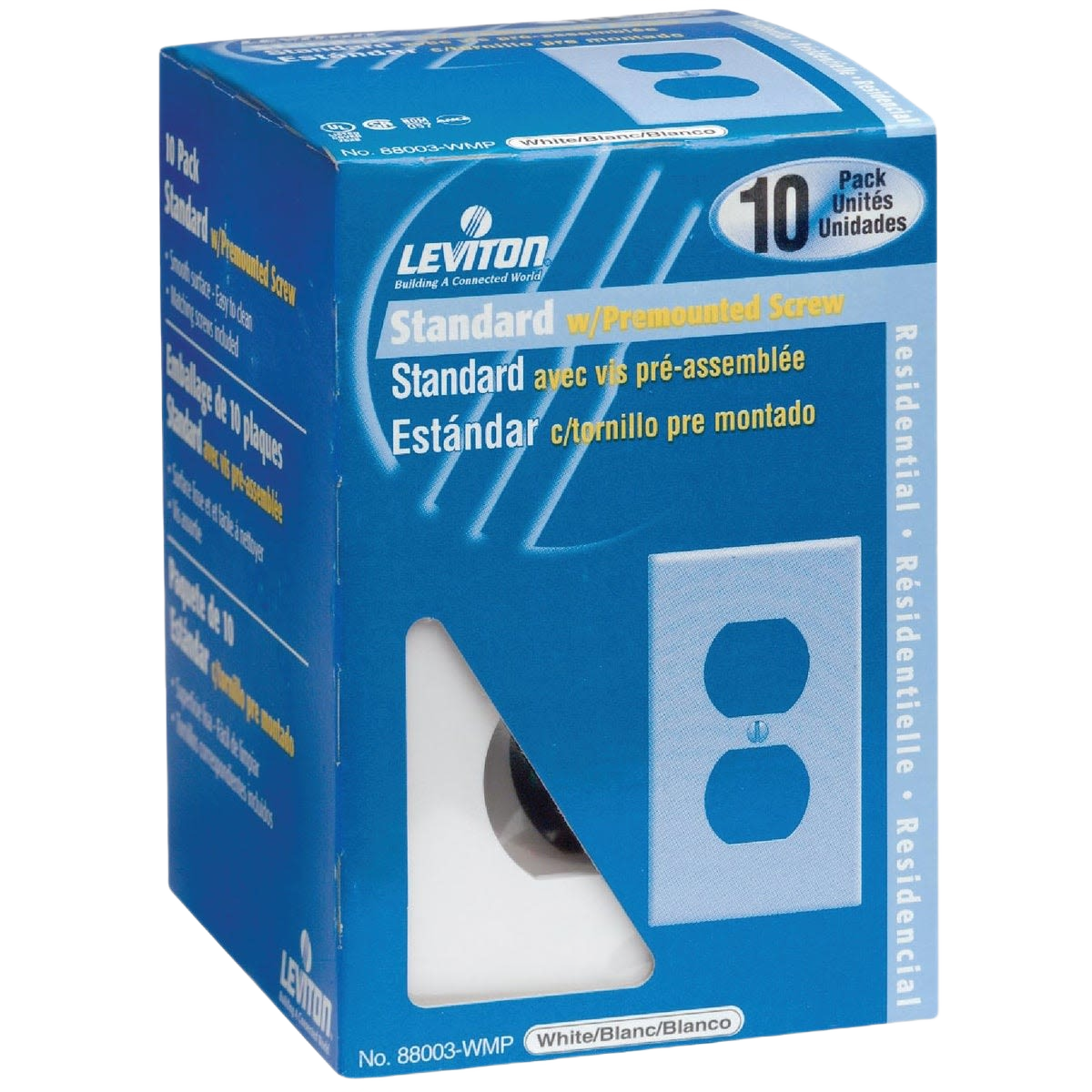 Blue packaging box containing ten white 1-gang plastic outlet wall plates for electrical home improvement.