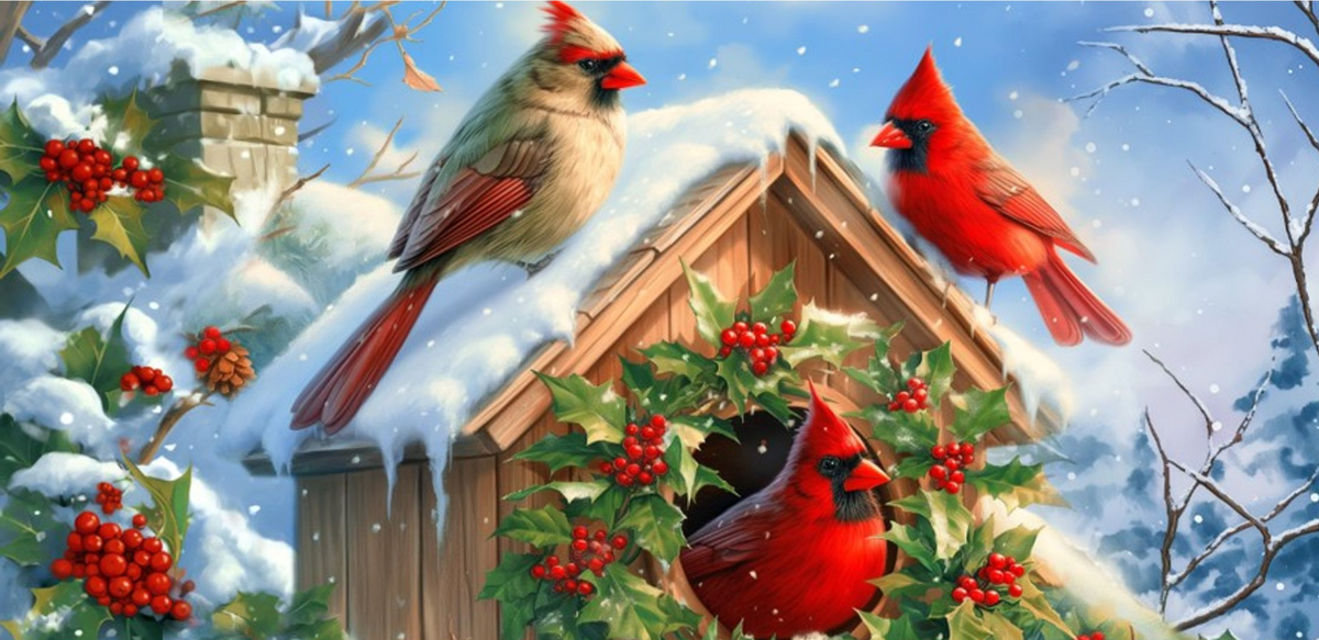 Tremont Floral Doormat Insert, 3 Cardinals on Birdhouse