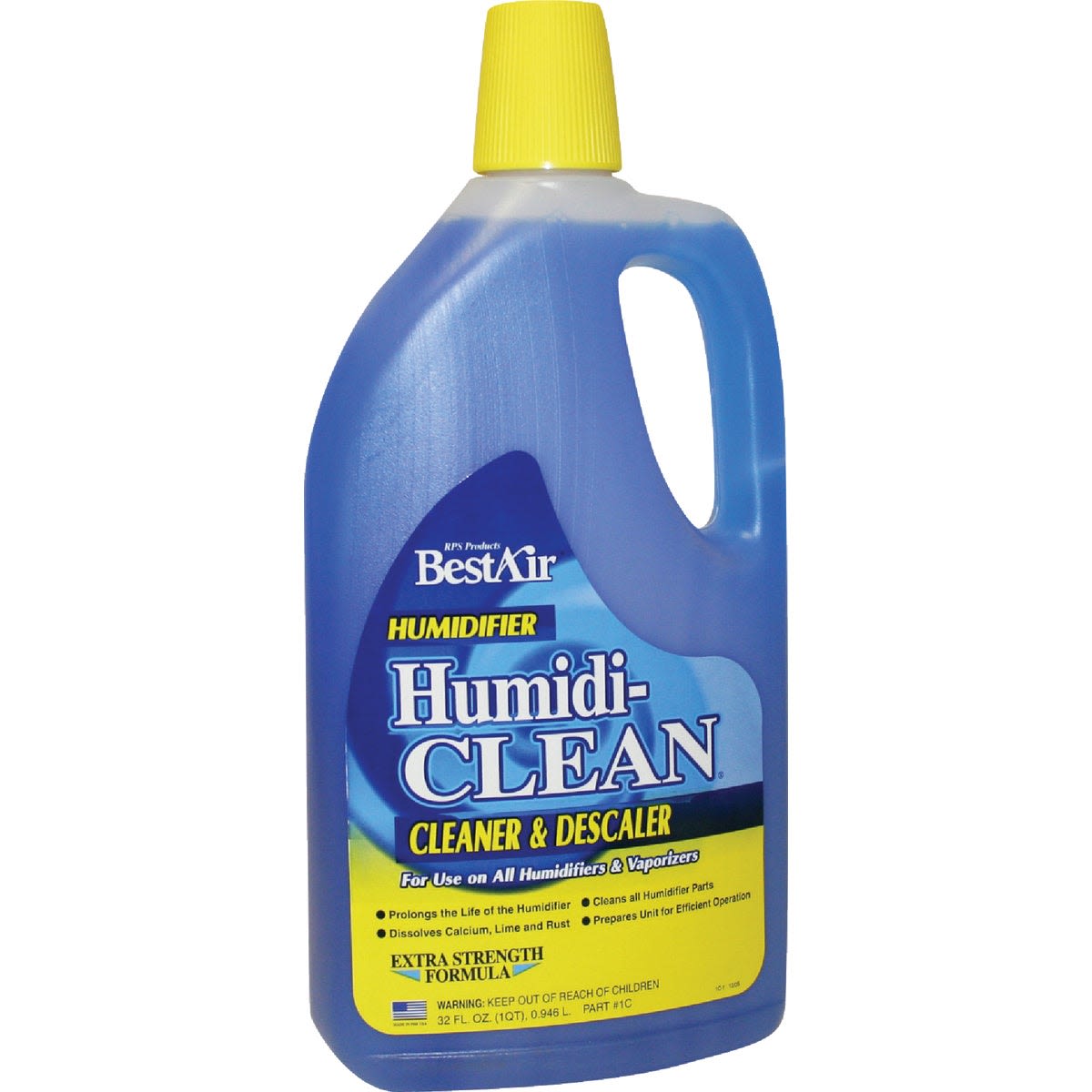 Blue plastic bottle of humidifier cleaner and descaler with yellow cap and label for home maintenance use