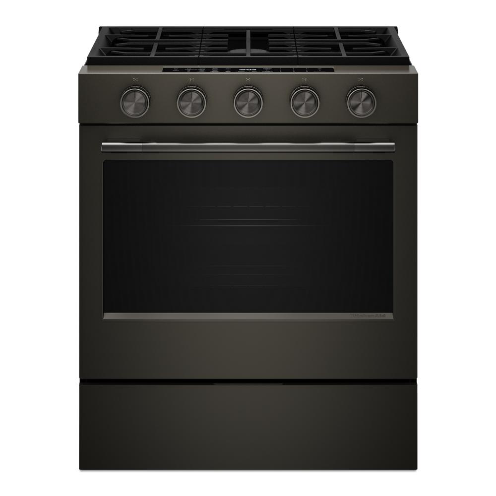 Front view of black KitchenAid slide-in gas range with five control knobs and large oven window from Ranges collection