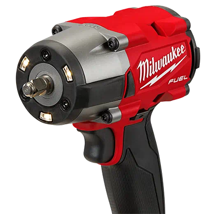 Compact red and black mid-torque cordless impact wrench with LED lights and ergonomic grip for tools and home improvement tasks