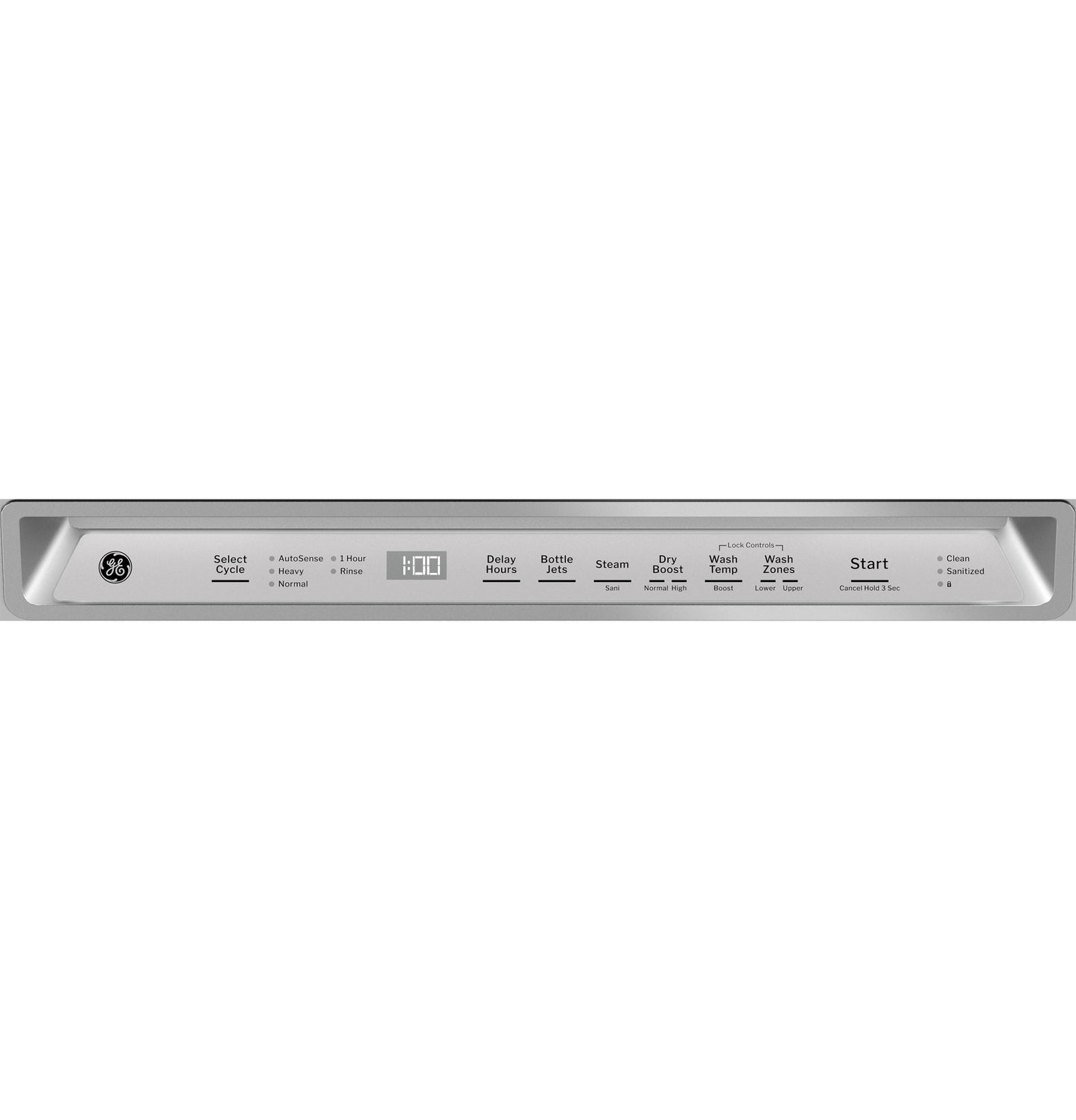 Control panel of stainless steel dishwasher with cycle options and digital display from kitchen appliances collection