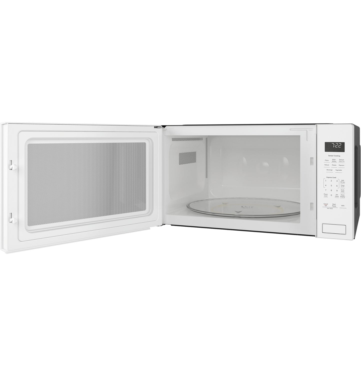 White built-in microwave oven with open door, glass turntable, and digital control panel in kitchen appliances collection
