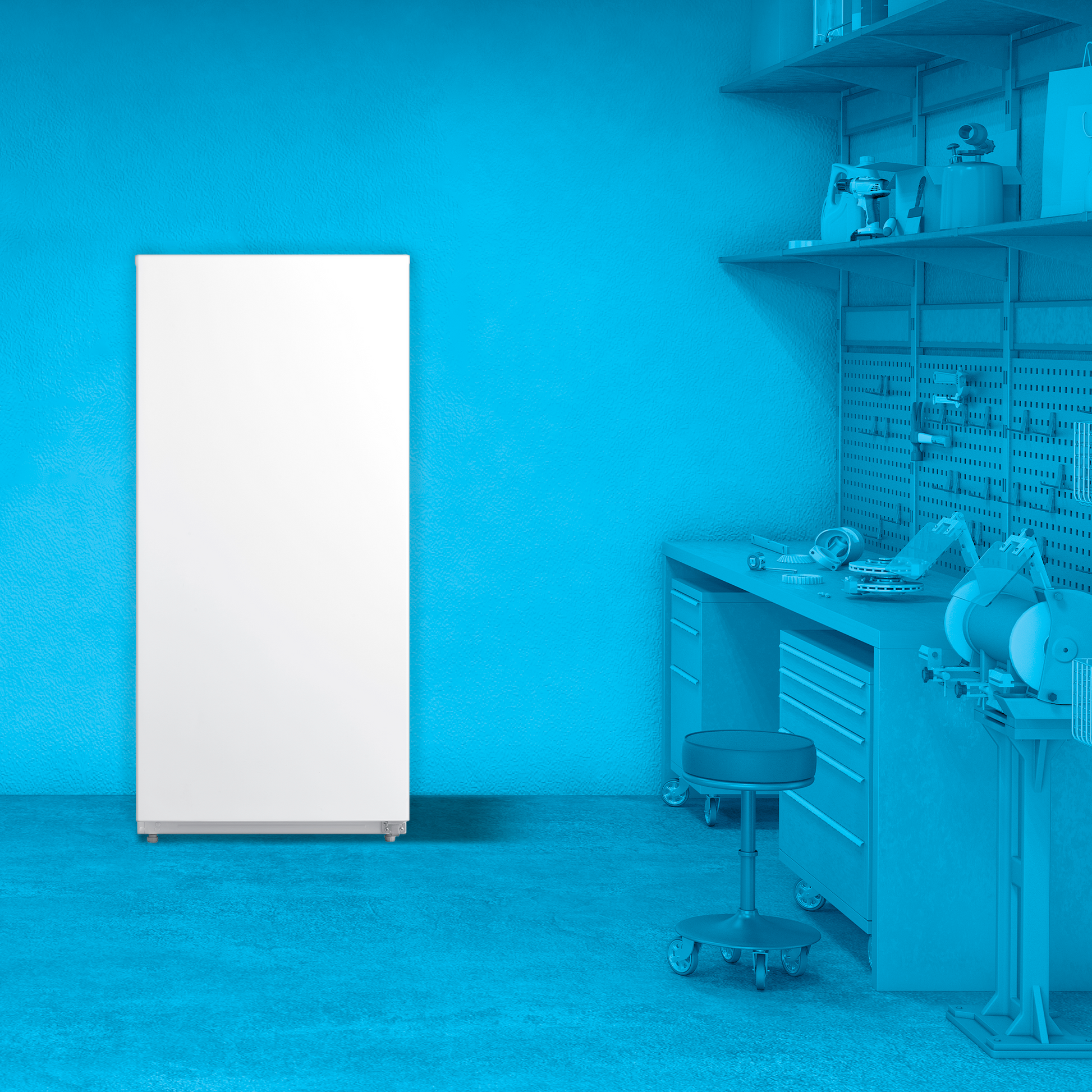 White upright convertible freezer-refrigerator standing in a blue-toned workshop setting in Appliances collection