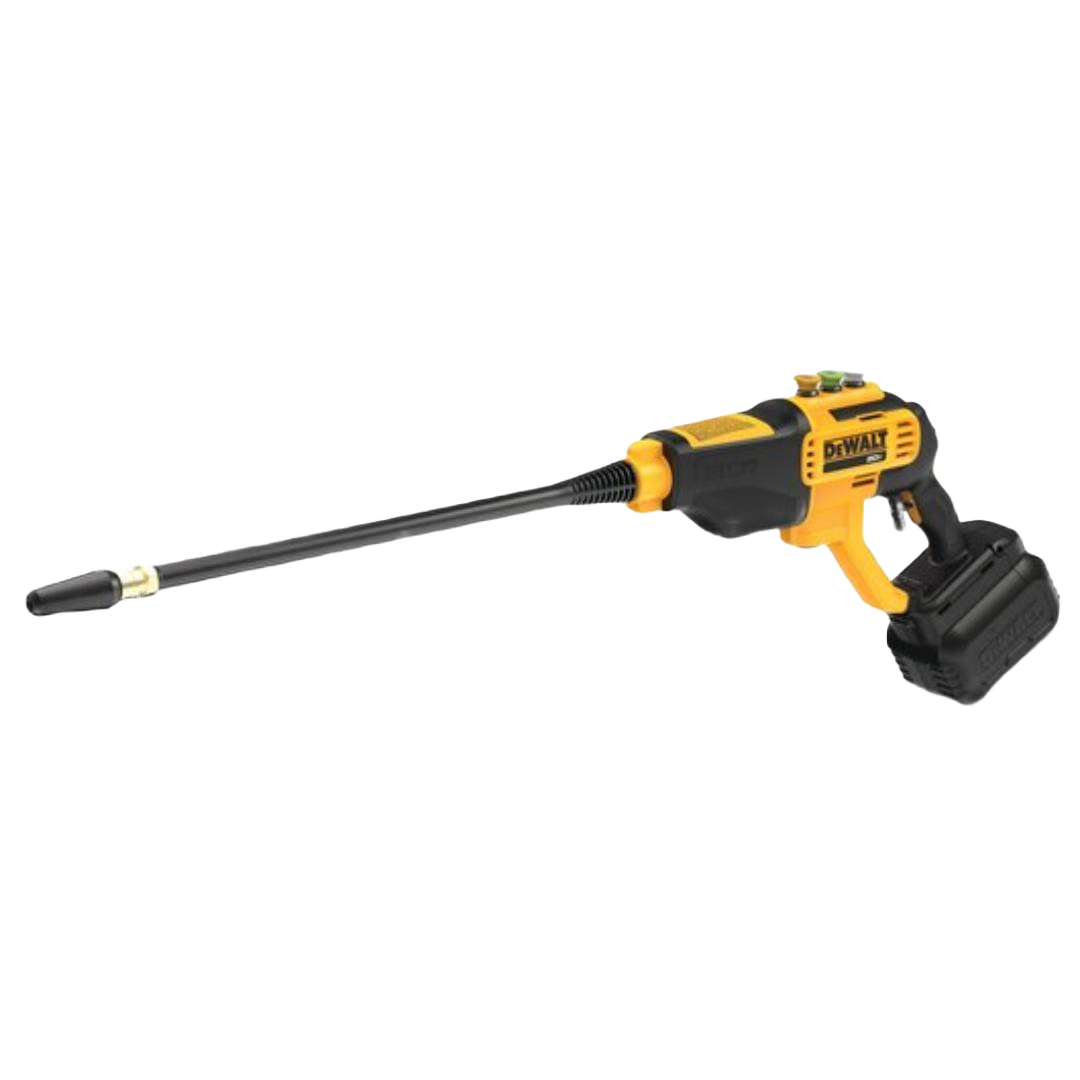 Yellow and black cordless power cleaner wand with battery pack and long nozzle for tools and home improvement use