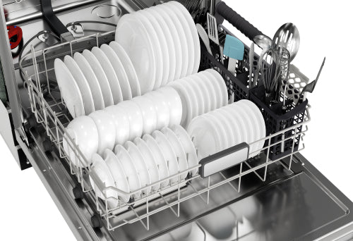Open dishwasher rack filled with white dishware and utensils, suitable for kitchens in dishwashers and appliances collections