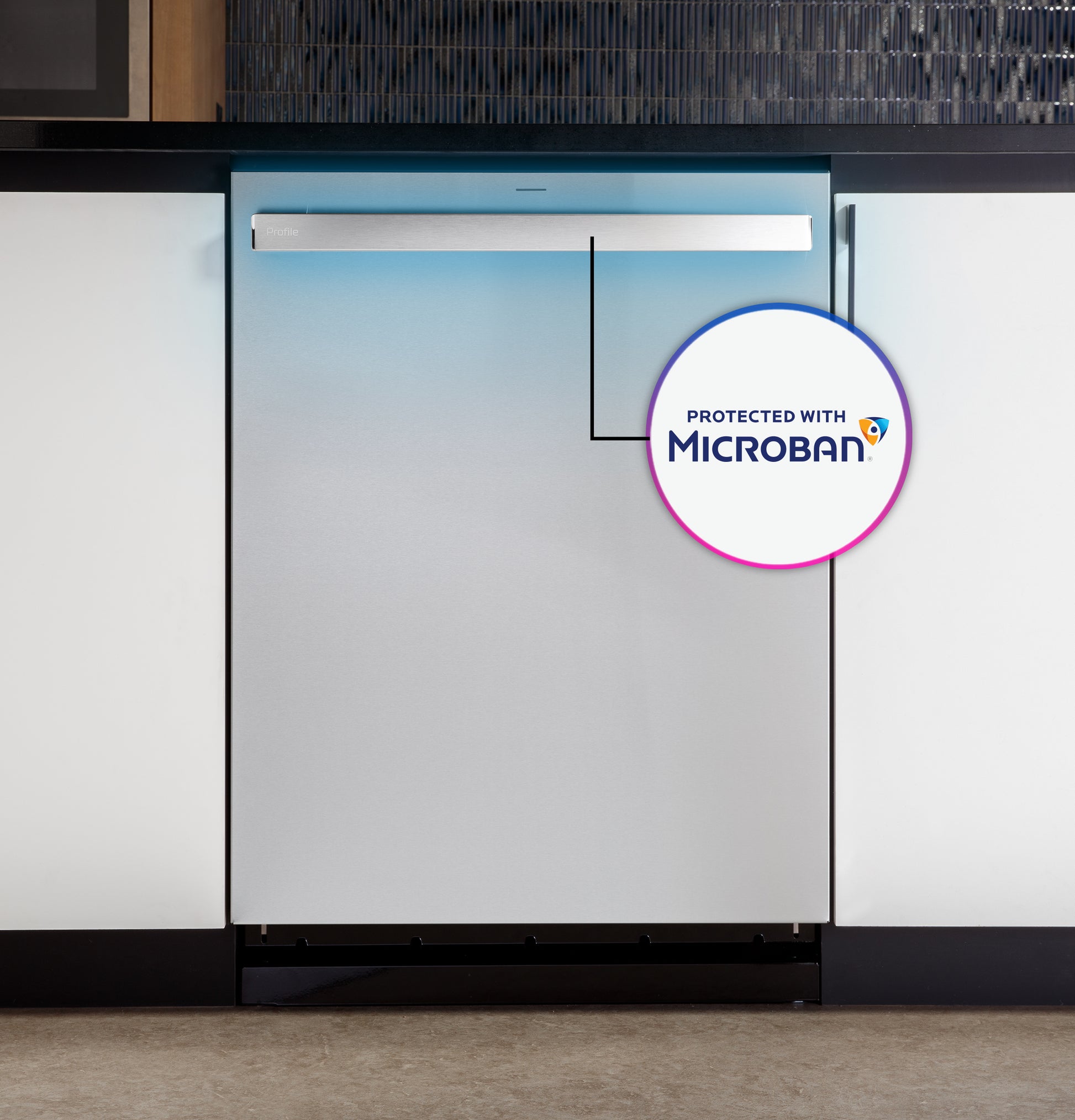 Built-in stainless steel dishwasher with Microban antimicrobial protection integrated in modern kitchen setting from Dishwashers collection