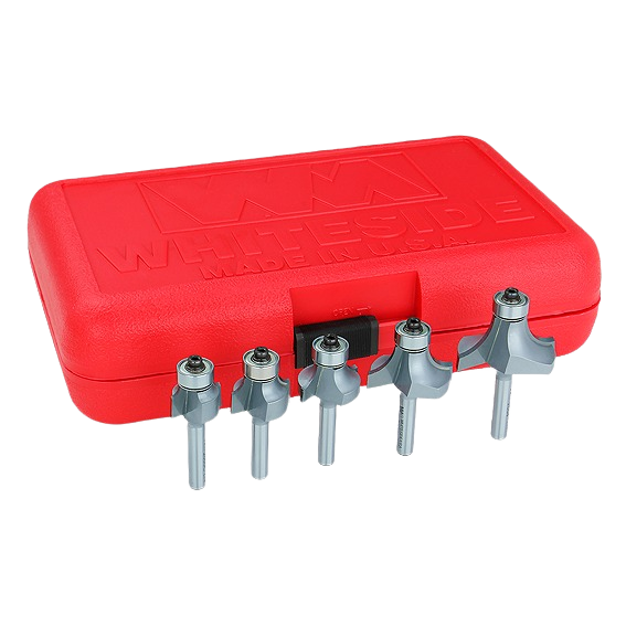 Set of five carbide-tipped roundover and beading router bits with 1/4 inch shanks and red storage case for tool accessories