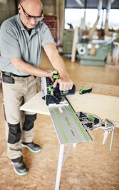 Craftsman using Festool guide rail with precision angle stop for fast, accurate angled cuts in woodworking tool accessories collections