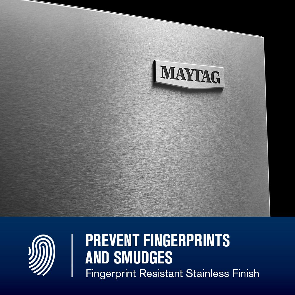 Close-up of fingerprint resistant stainless steel finish on refrigerator door highlighting Maytag logo for home appliances.