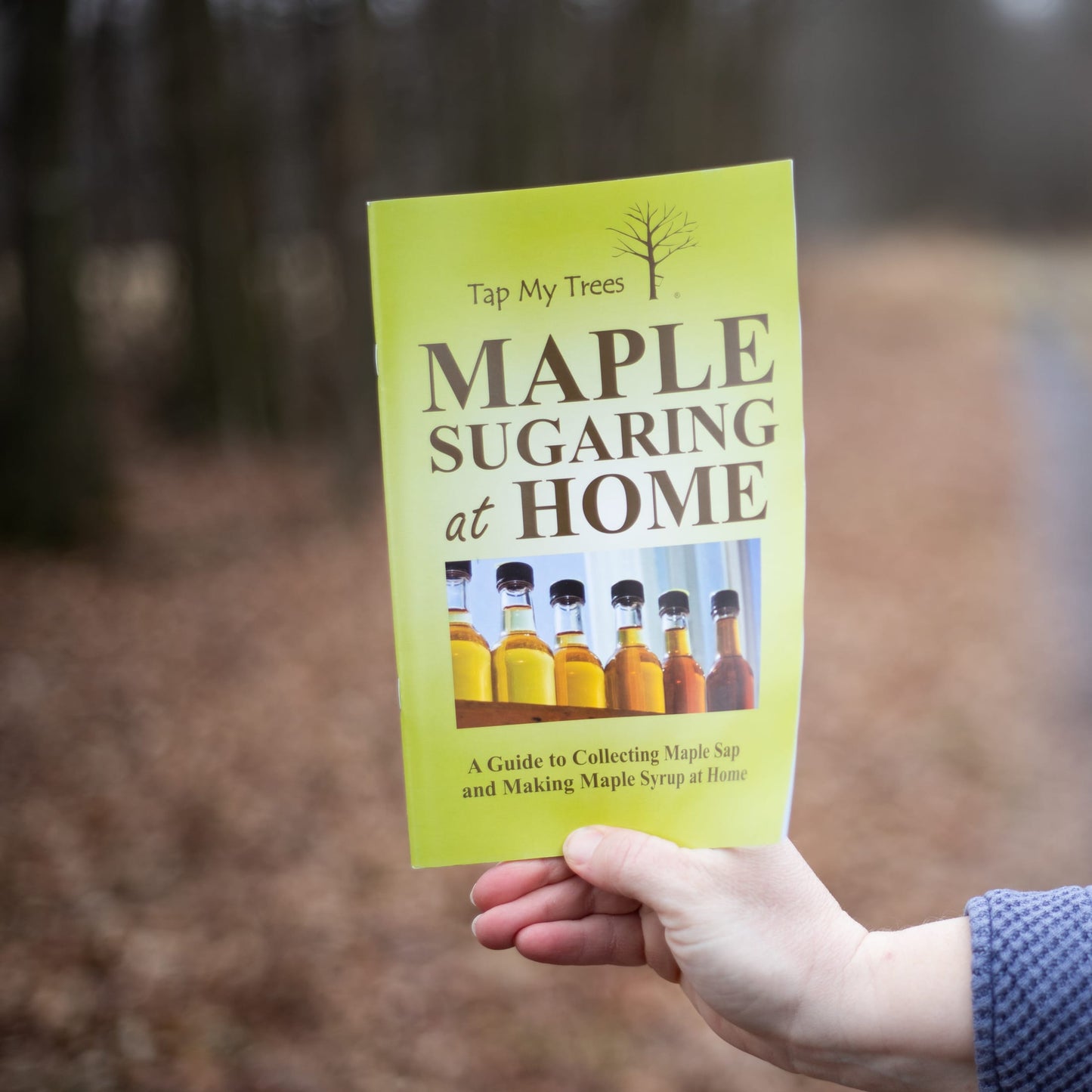 Hand holding a book titled Maple Sugaring at Home with bottles of maple syrup on the cover in an outdoor setting