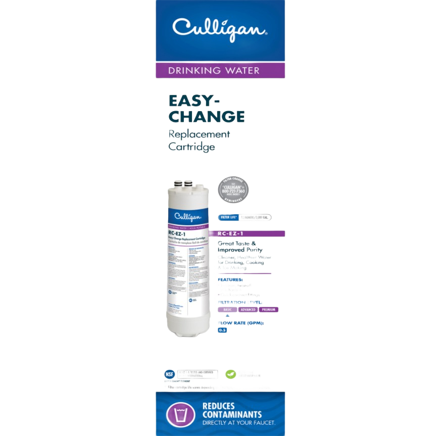 White cylindrical water filter cartridge with purple label designed for icemaker and refrigerator water replacement tasks