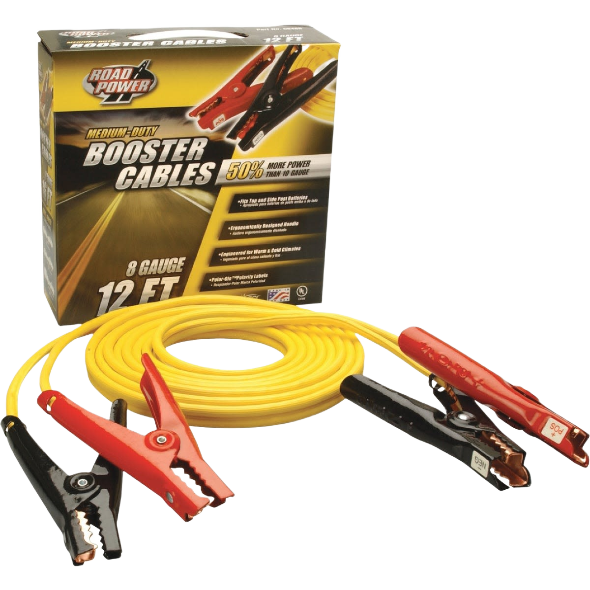 Medium-duty yellow booster cable with red and black clamps for automotive use in parts and lubricants collection