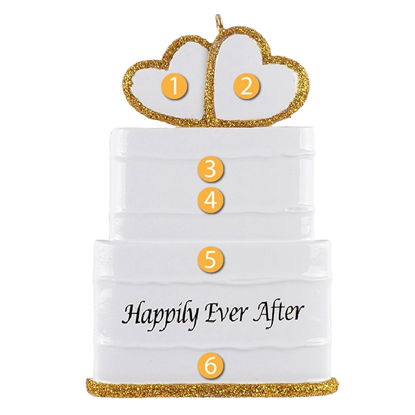 White tiered wedding cake ornament with gold glitter hearts and "Happily Ever After" script for Christmas Ornaments & Tree Decorations under $50 collection
