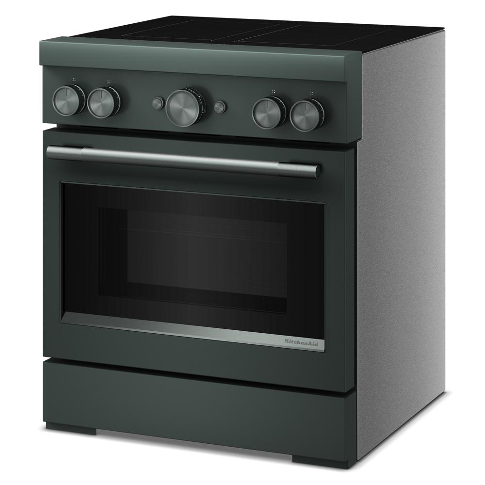 Dark green 30-inch freestanding induction range with four control knobs and stainless steel handle in KitchenAid collection