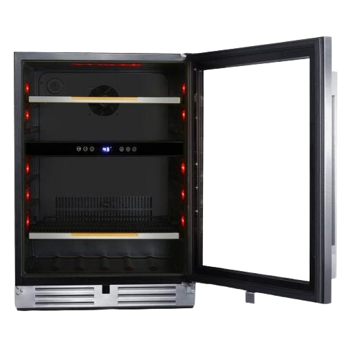 Black beverage cooler with stainless steel trim, glass door open showing LED lighting and adjustable shelving from Appliances collection