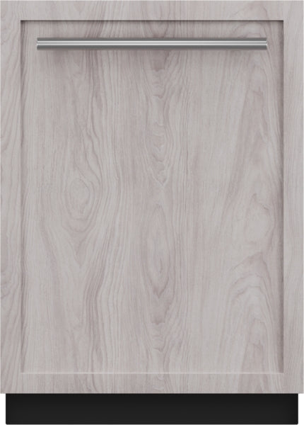 Light wood grain custom panel ready dishwasher front with sleek horizontal stainless steel handle from kitchen appliances collection