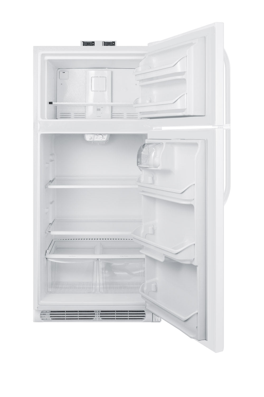 Open white top freezer refrigerator showing adjustable shelves, door bins, and dual crisper drawers, part of Refrigerators and Kitchen & Kitchenware collections at Hartville Hardware.