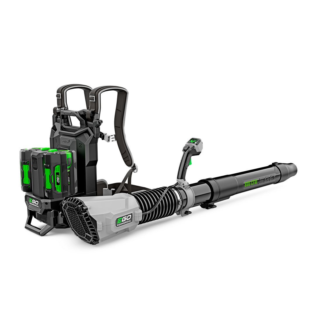 Commercial-grade backpack blower with ergonomic harness, dual lithium batteries, and blower tube for outdoor tools and home improvement tasks