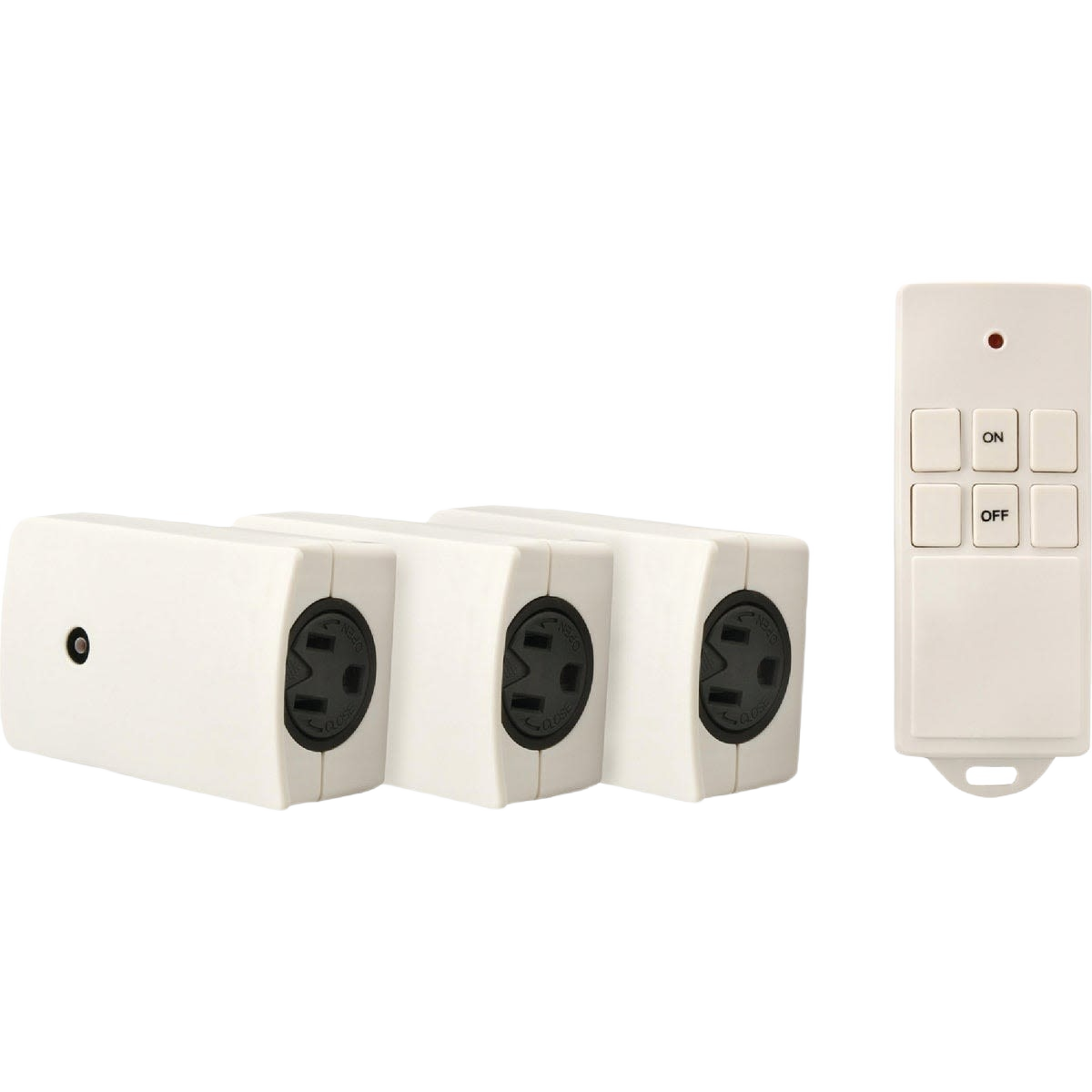 Set of three white wireless remote control switches with black outlets and a compact remote featuring On/Off buttons for electrical use