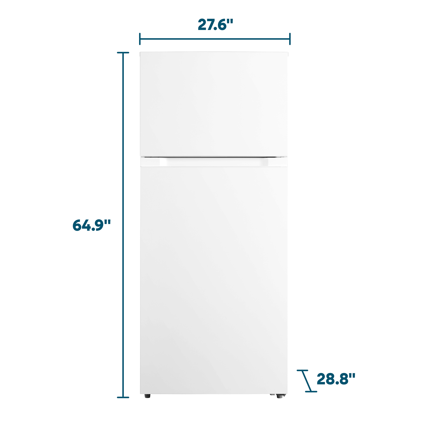 White top freezer refrigerator with height, width, and depth dimensions for kitchen appliance and home improvement use