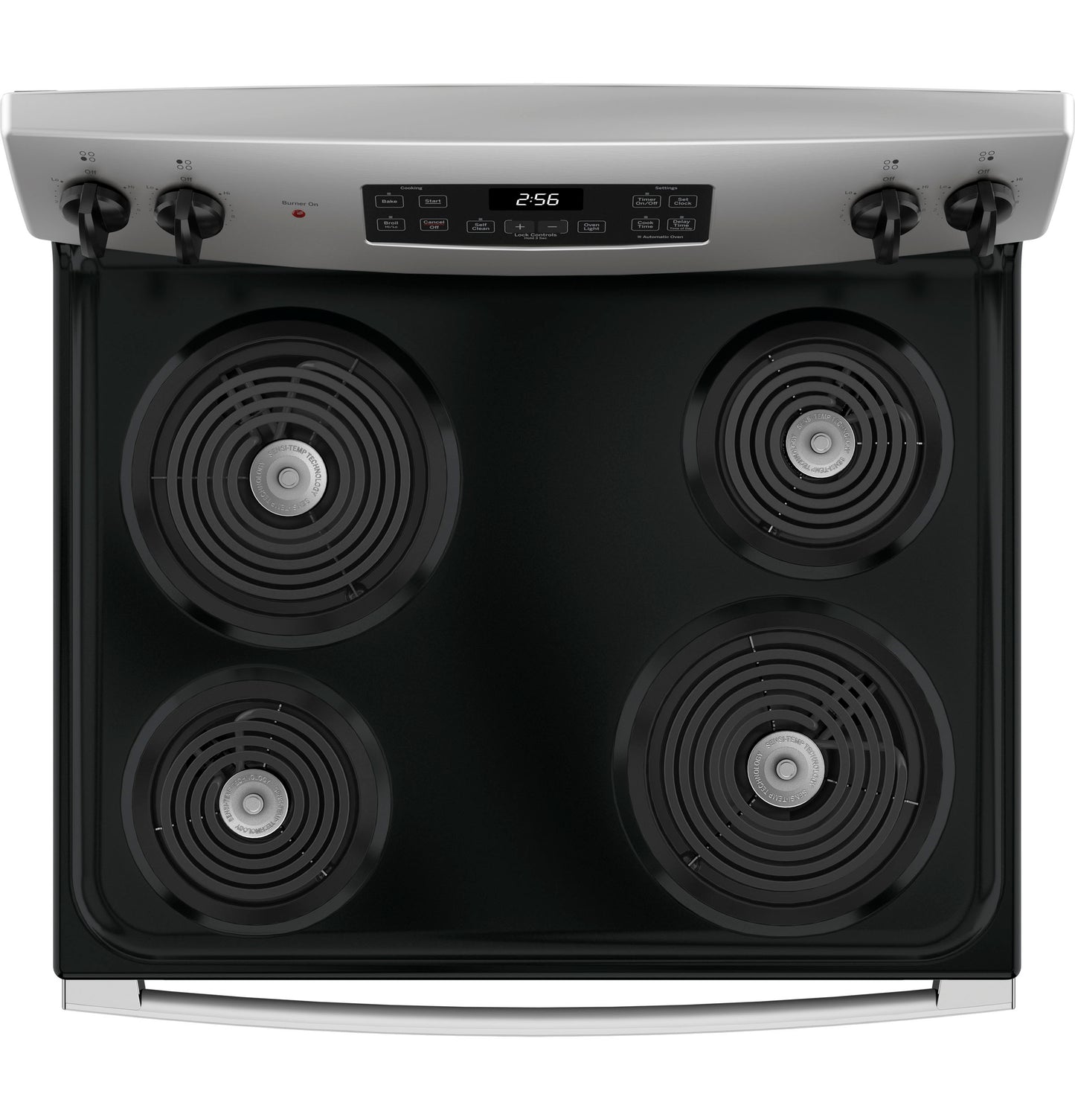 Top view of a black electric range cooktop with four coil burners and stainless steel control panel from Electric Ranges collection