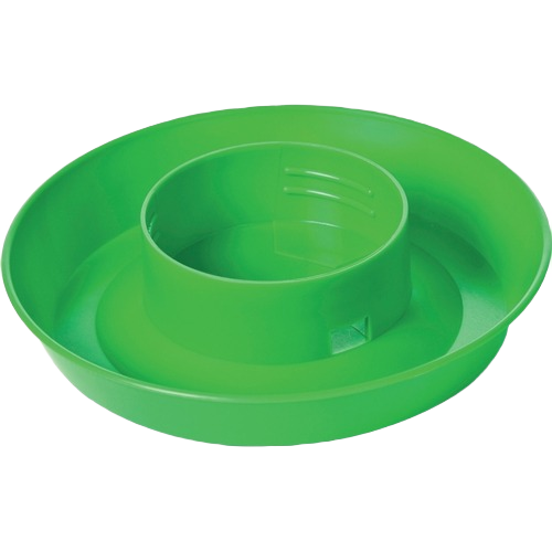 Green plastic screw-on poultry waterer base with a round reservoir designed for farm and home use