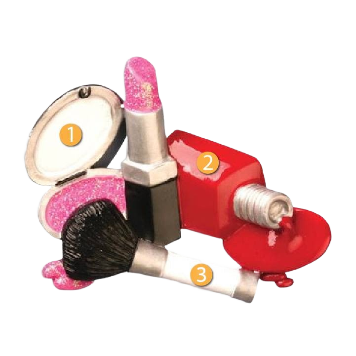 Makeup-themed Christmas ornament featuring lipstick, compact mirror, nail polish, and makeup brush from holiday decoration collection